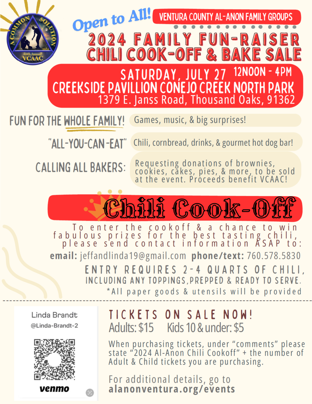 Open to All! VENTURA COUNTY AL-ANON FAMILY GROUPS 2024 FUN-RAISER COOK-OFF & BAKE SALE