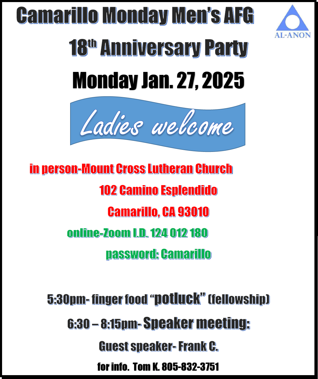 Camarillo Monday Men's AFG – AL-ANON 18th Anniversary Party